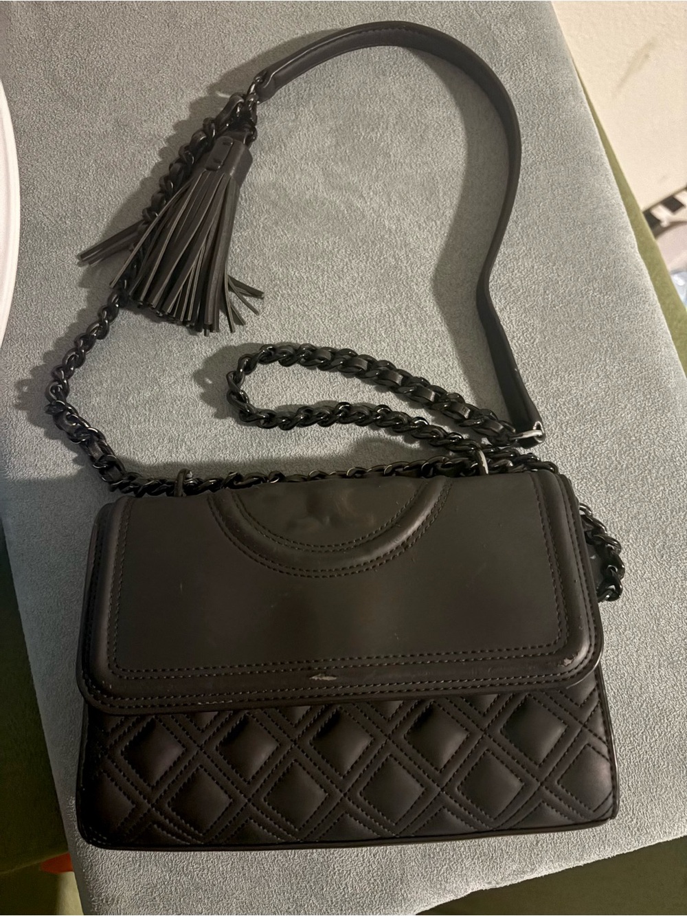 Black Quilted Chain Crossbody Bag with Tassel